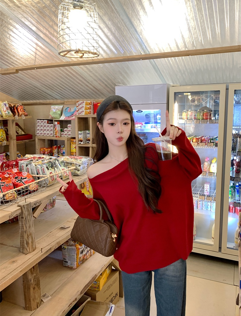 Lazy knitted loose tops slim sloping shoulder T-shirt