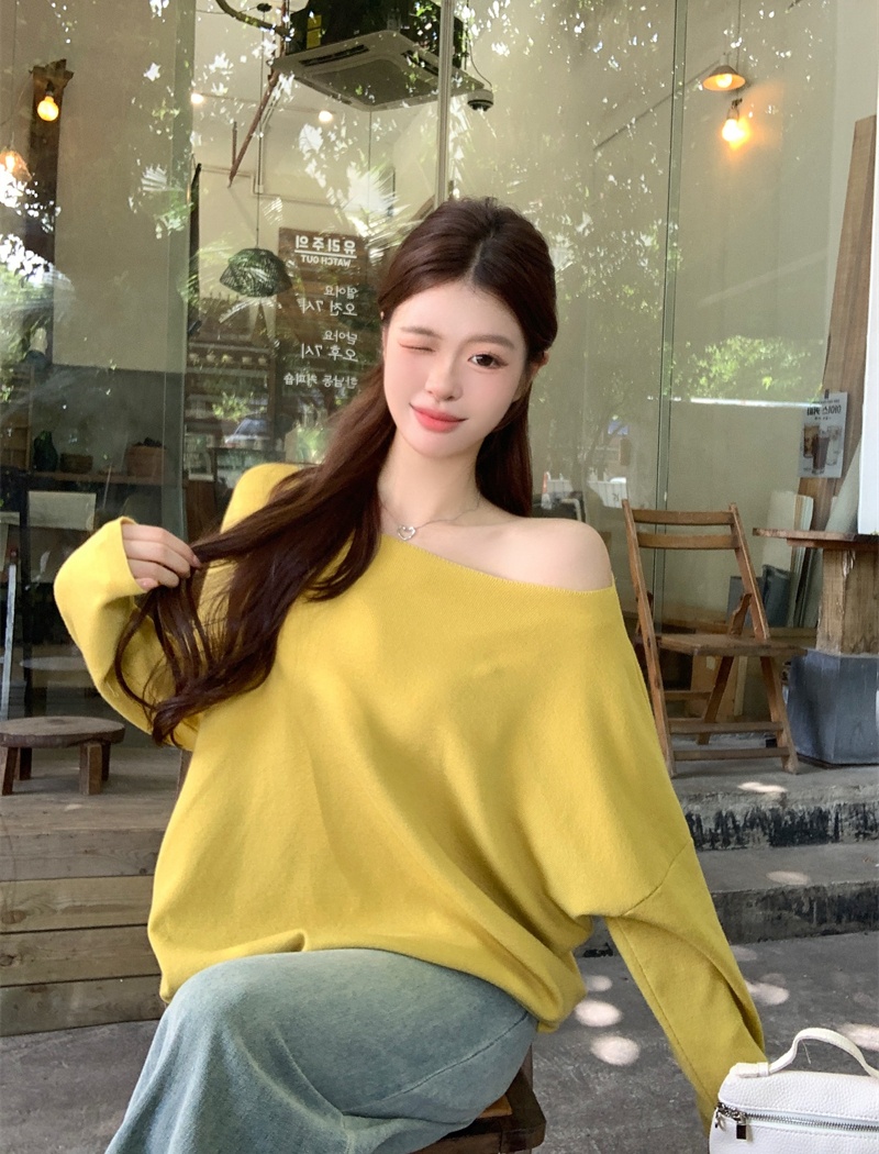 Lazy knitted loose tops slim sloping shoulder T-shirt