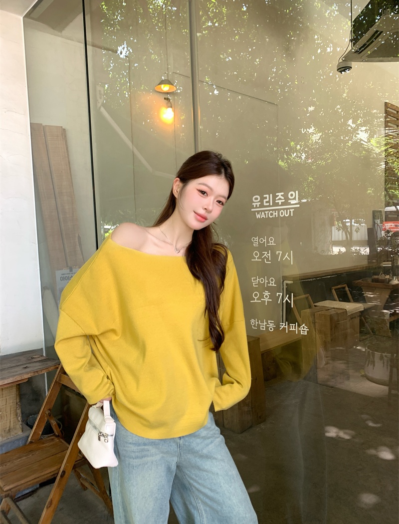 Lazy knitted loose tops slim sloping shoulder T-shirt