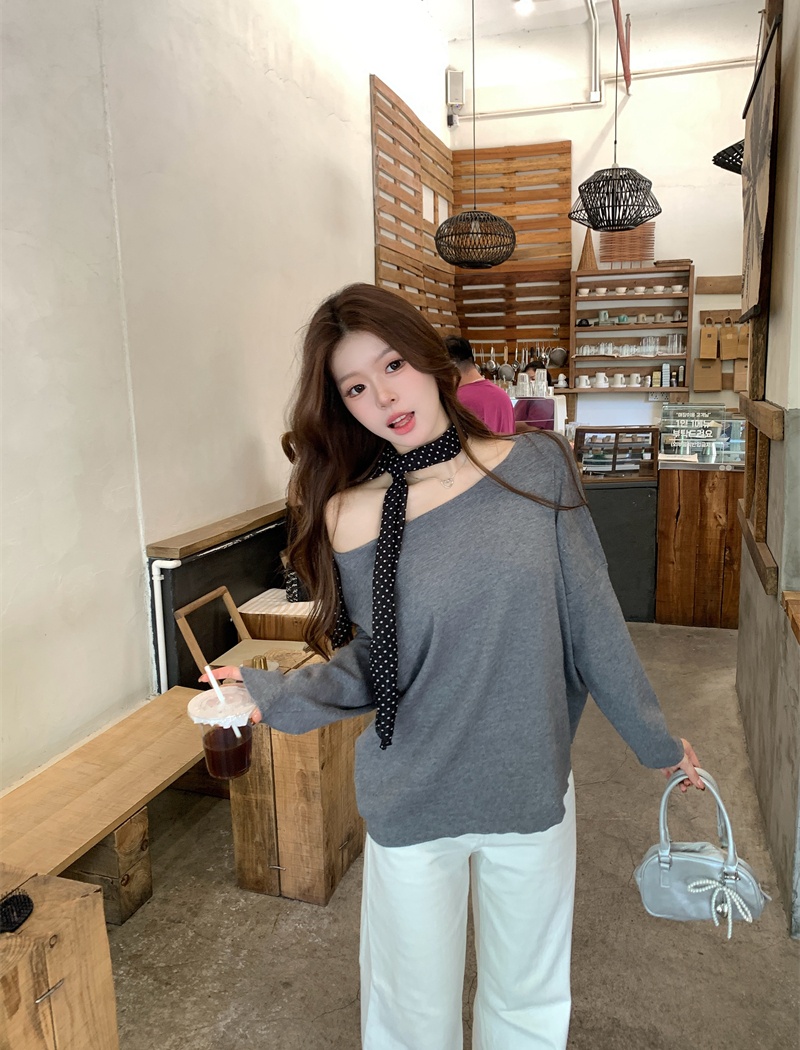 Lazy knitted loose tops slim sloping shoulder T-shirt