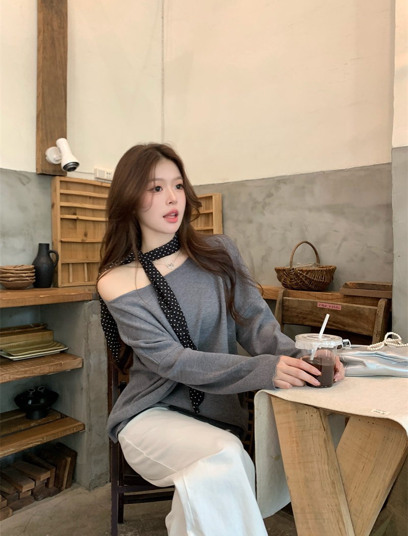 Lazy knitted loose tops slim sloping shoulder T-shirt