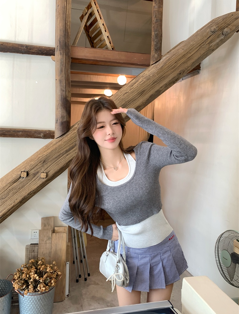 Korean style long sleeve sweater sling tops 2pcs set for women