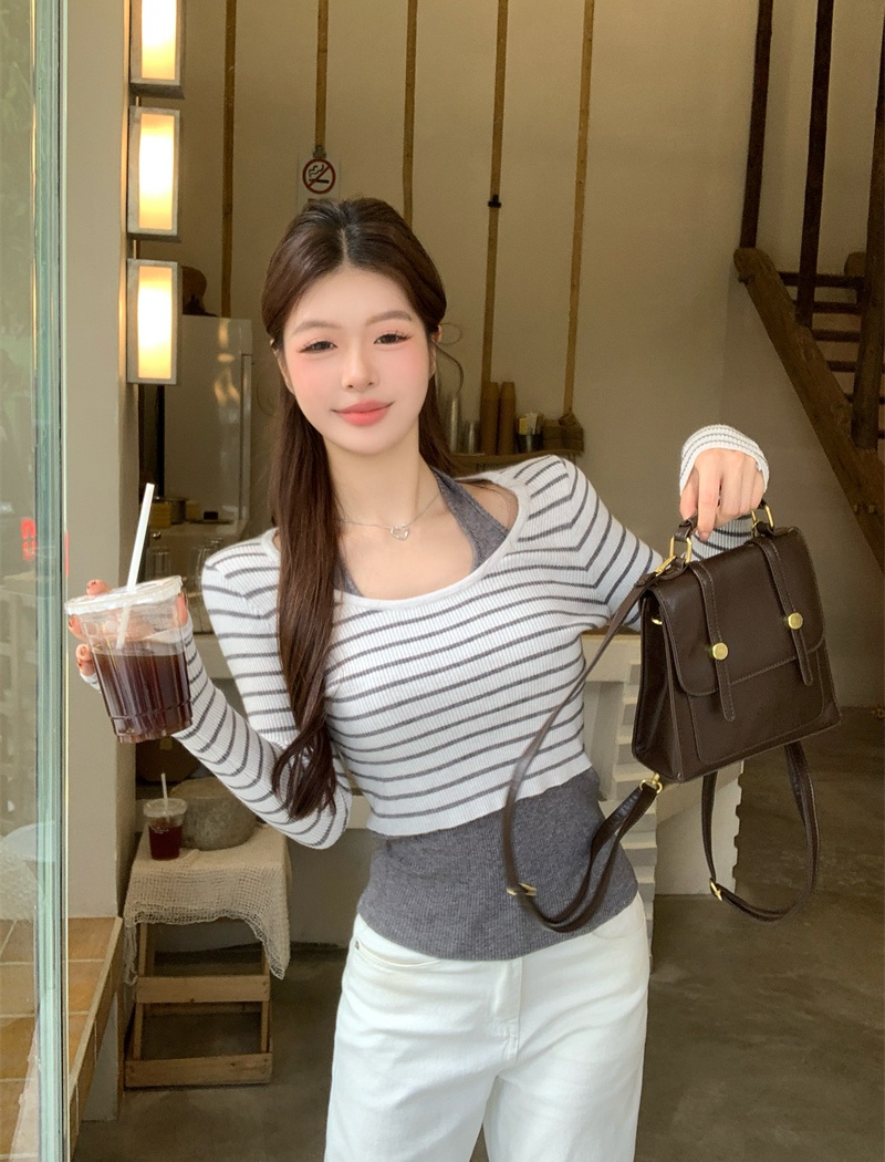 Korean style long sleeve sweater sling tops 2pcs set for women