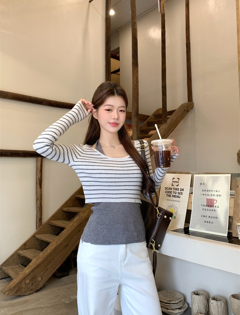 Korean style long sleeve sweater sling tops 2pcs set for women