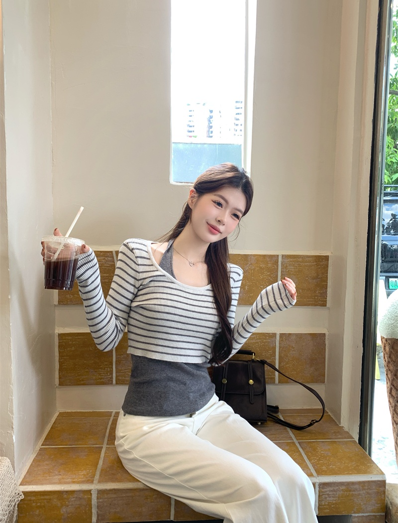 Korean style long sleeve sweater sling tops 2pcs set for women