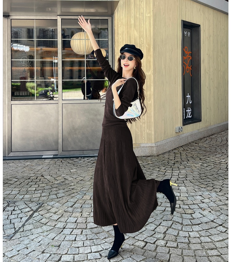 Simple knitted tops commuting skirt 2pcs set for women