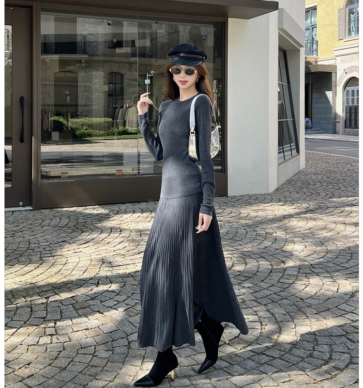 Simple knitted tops commuting skirt 2pcs set for women