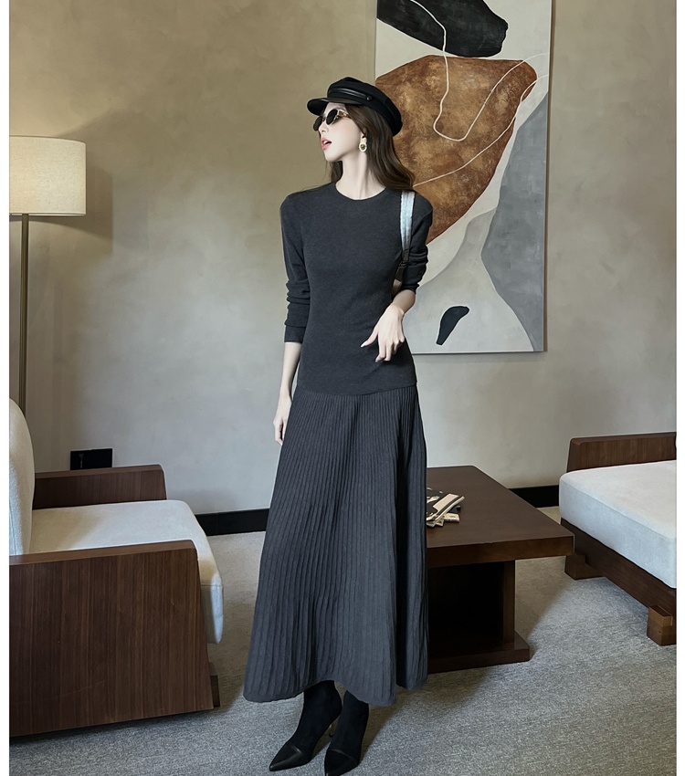 Simple knitted tops commuting skirt 2pcs set for women