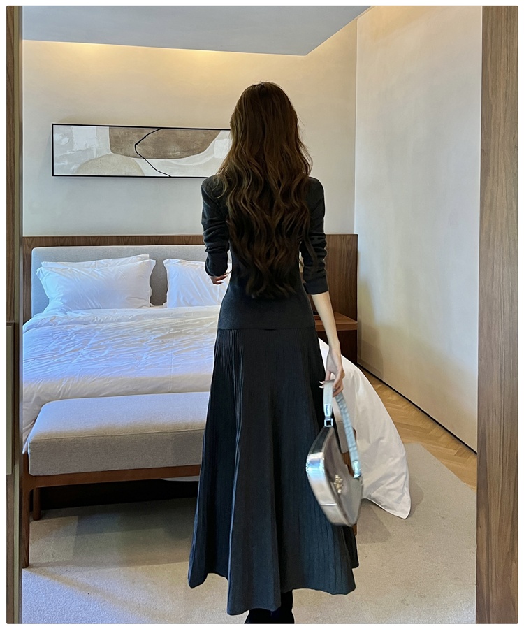 Simple knitted tops commuting skirt 2pcs set for women