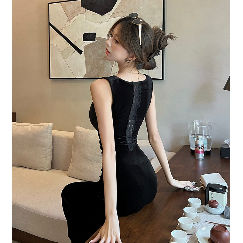 Halter pinched waist dress V-neck long dress for women