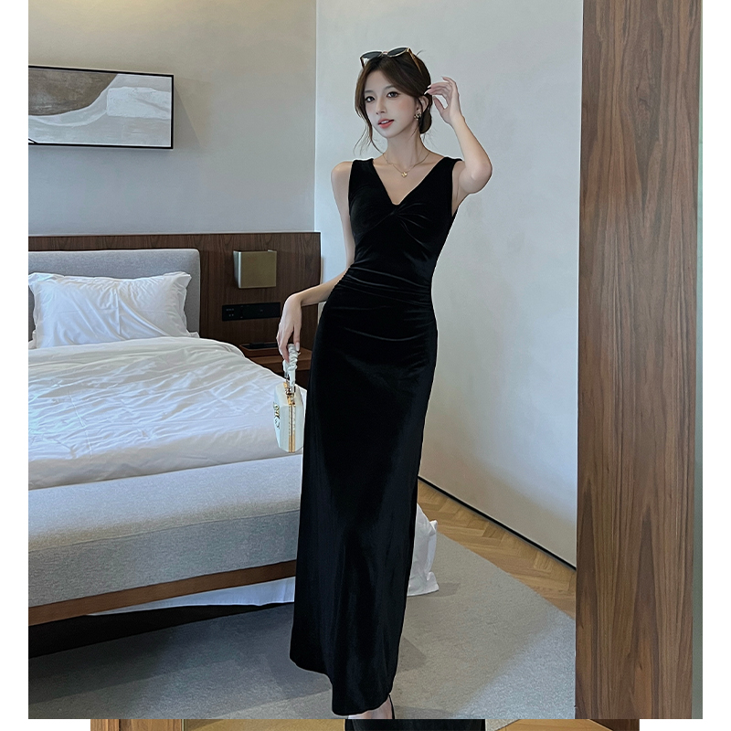 Halter pinched waist dress V-neck long dress for women