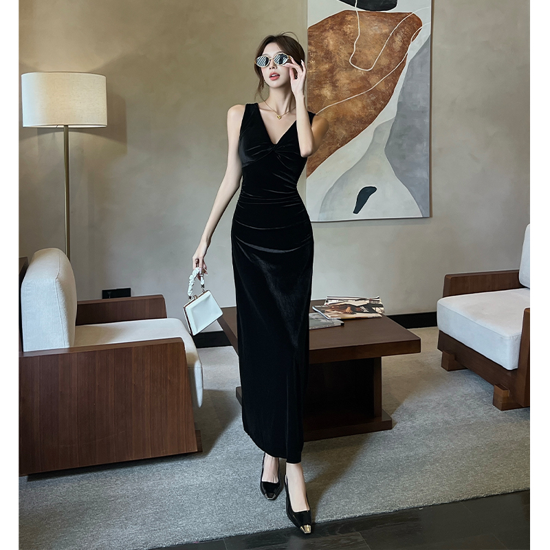Halter pinched waist dress V-neck long dress for women