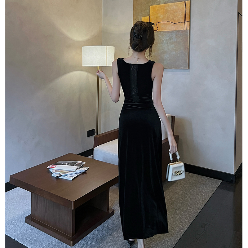 Halter pinched waist dress V-neck long dress for women