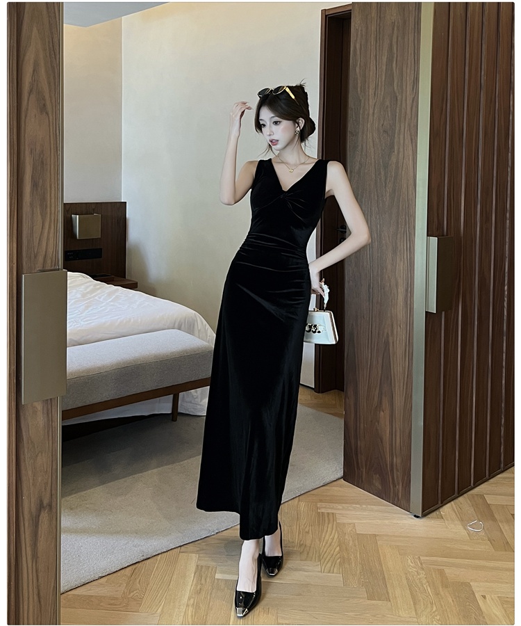Halter pinched waist dress V-neck long dress for women