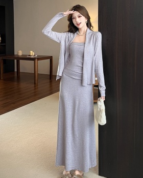 Wool tender cardigan France style silk short skirt 3pcs set
