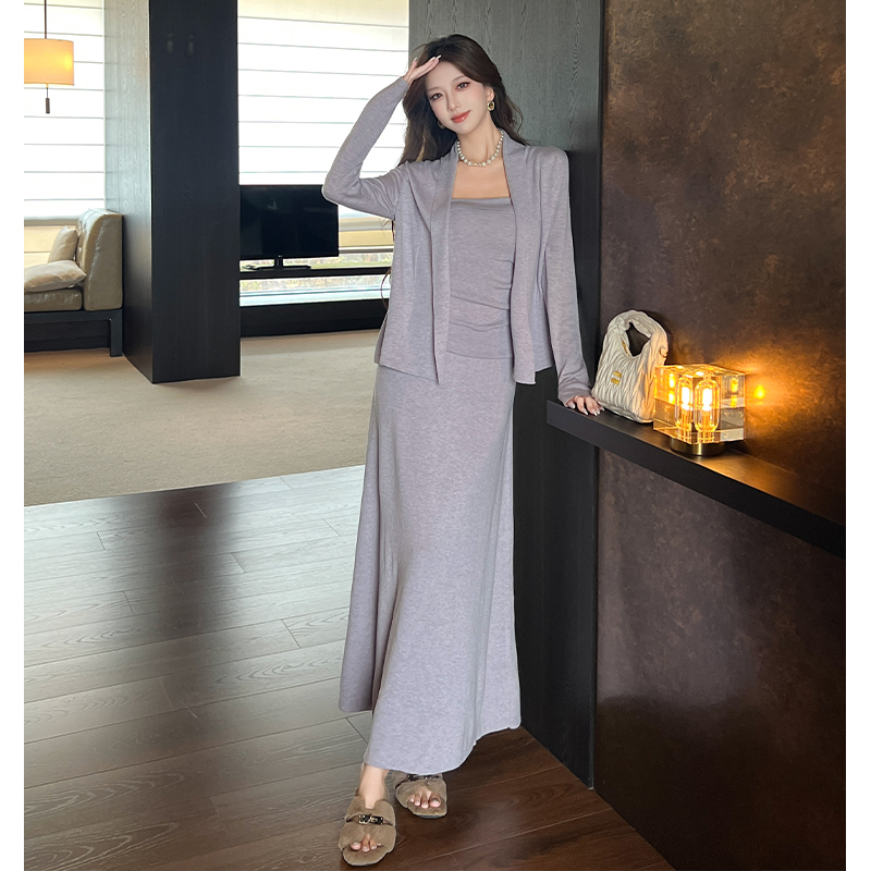 Wool tender cardigan France style silk short skirt 3pcs set