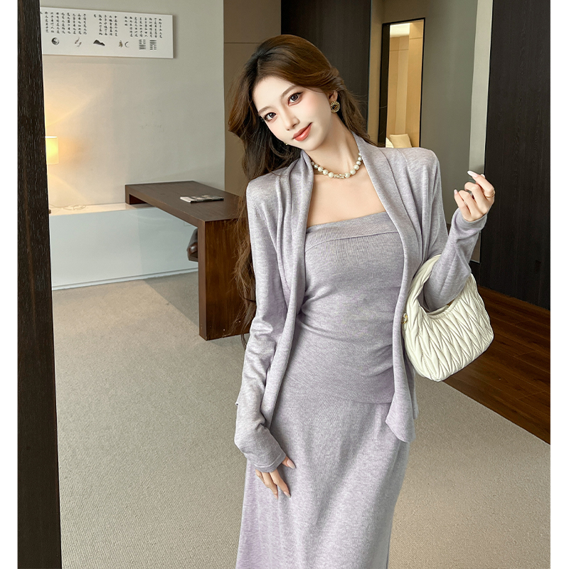 Wool tender cardigan France style silk short skirt 3pcs set