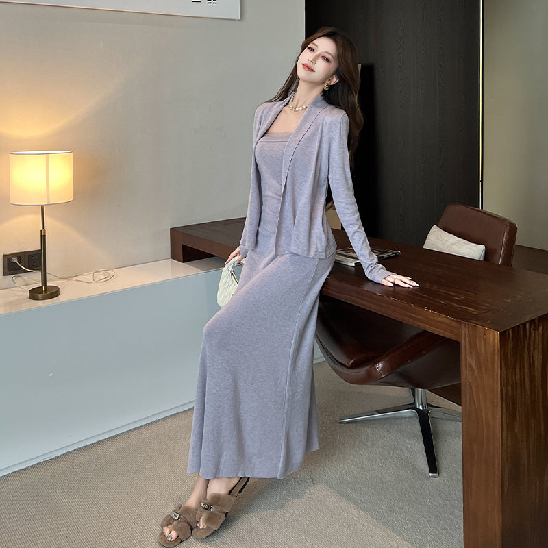 Wool tender cardigan France style silk short skirt 3pcs set