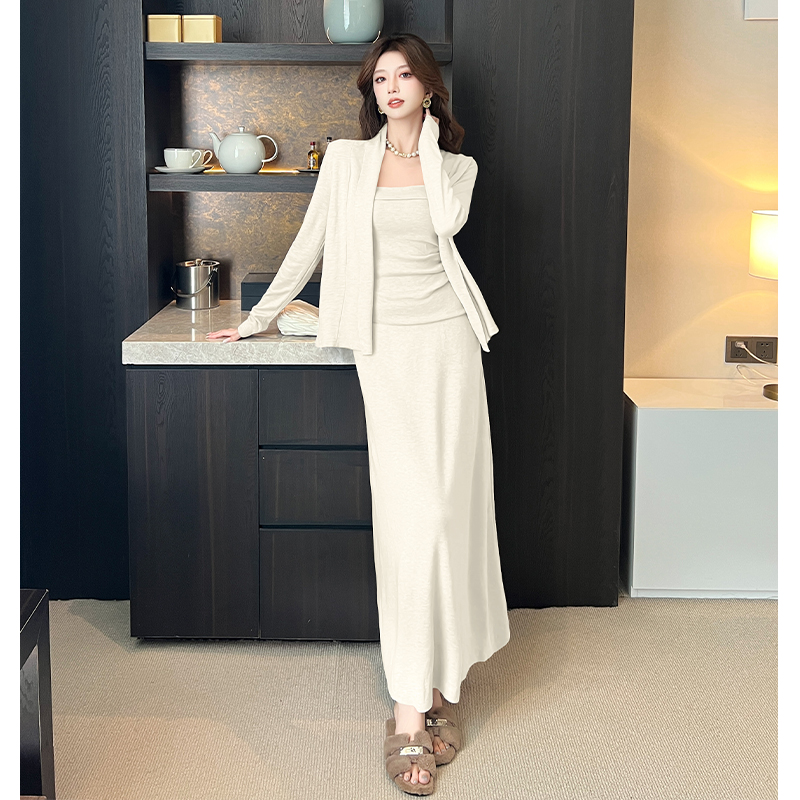 Wool tender cardigan France style silk short skirt 3pcs set