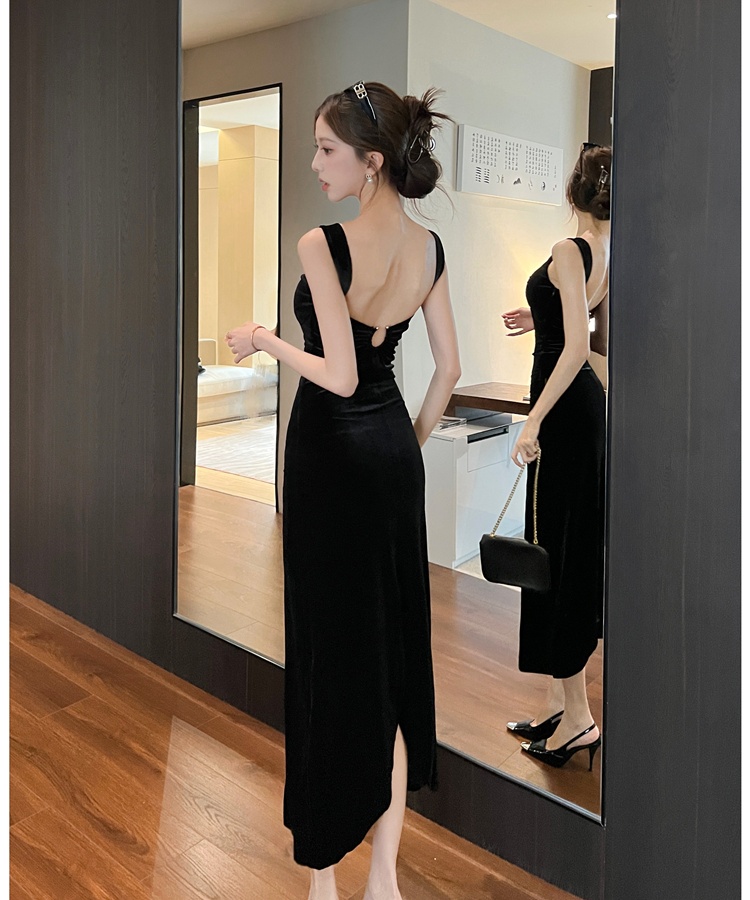 Slim halter temperament long velvet shoulder strap dress