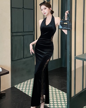 Velvet splice strapless long dress V-neck slim dress