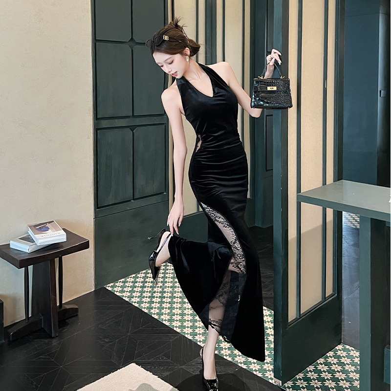 Velvet splice strapless long dress V-neck slim dress