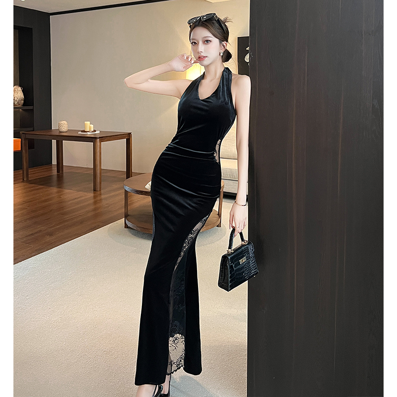 Velvet splice strapless long dress V-neck slim dress