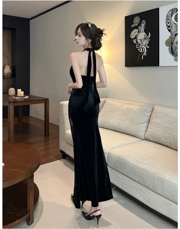 Velvet splice strapless long dress V-neck slim dress
