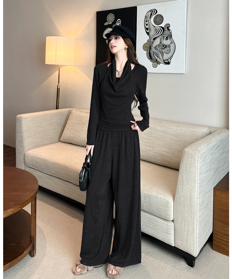 Pseudo-two wide leg pants sweater 2pcs set