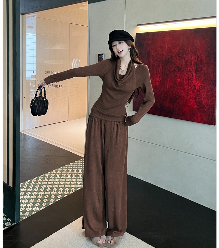 Pseudo-two wide leg pants sweater 2pcs set