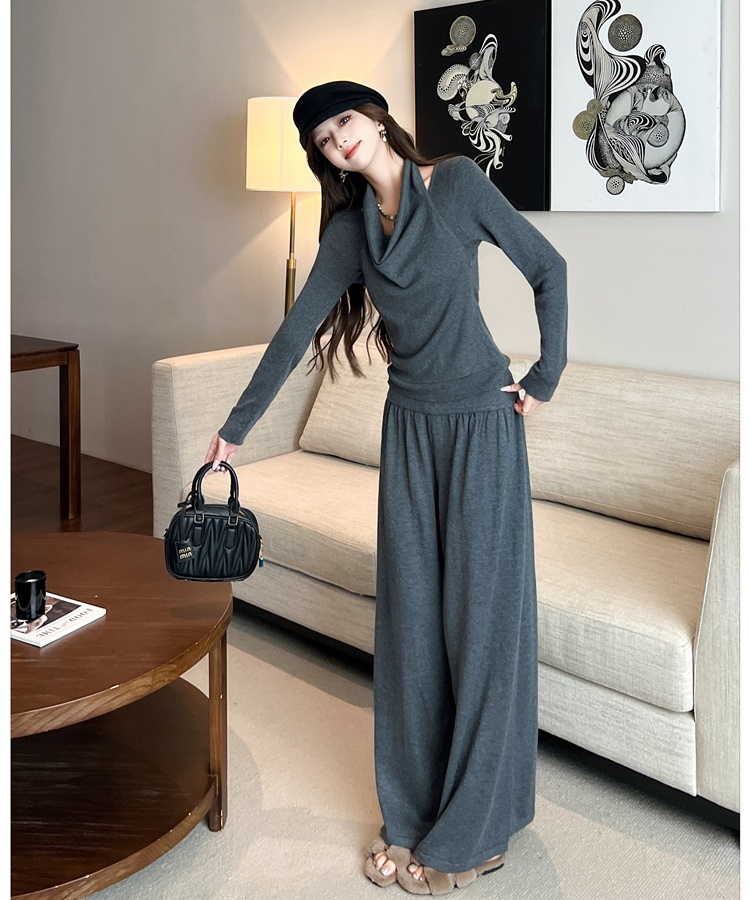Pseudo-two wide leg pants sweater 2pcs set