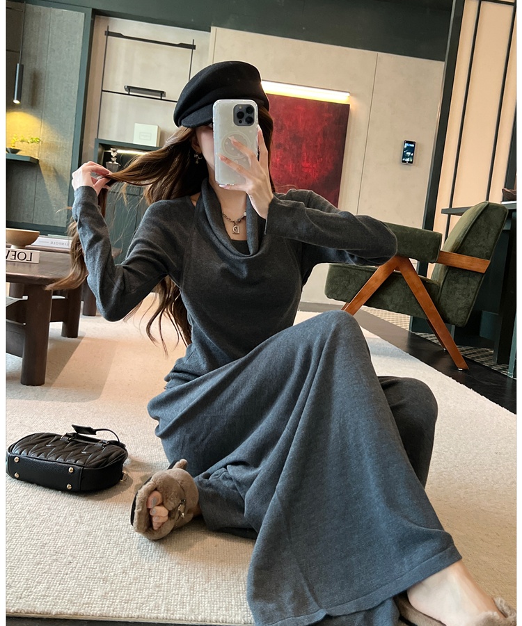 Pseudo-two wide leg pants sweater 2pcs set