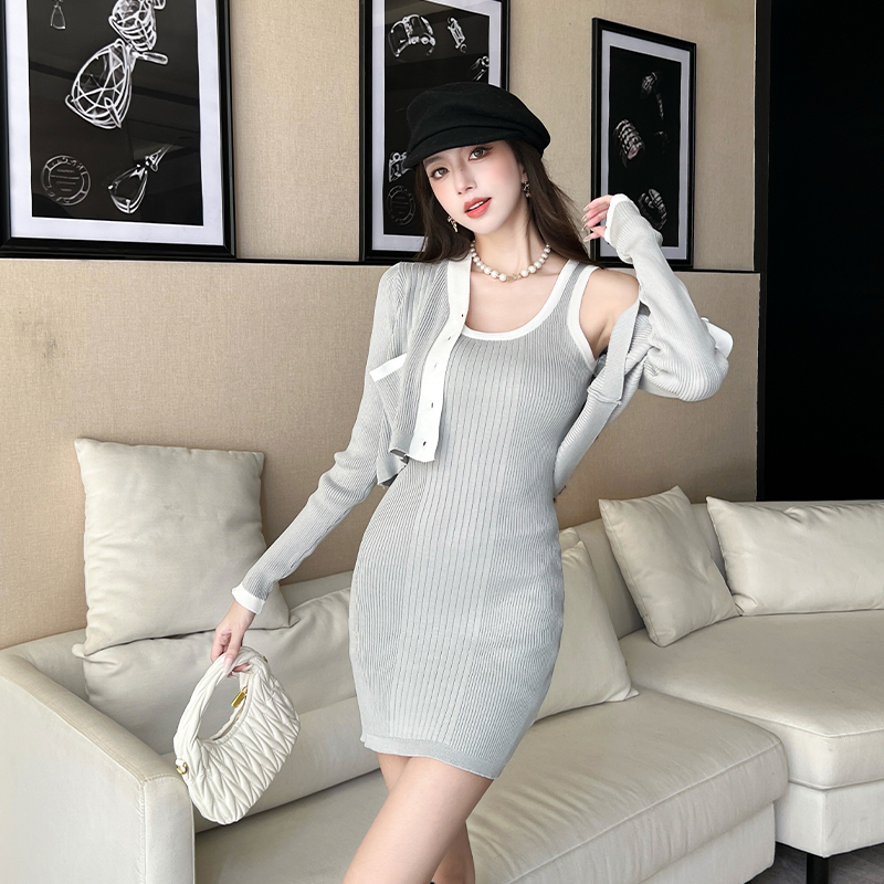Short dress chanelstyle small cardigan 2pcs set