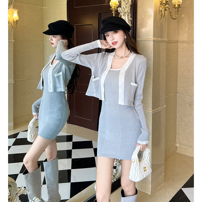 Short dress chanelstyle small cardigan 2pcs set