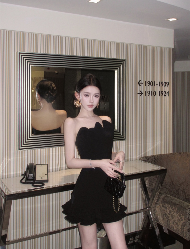 Irregular black dress banquet France style T-back
