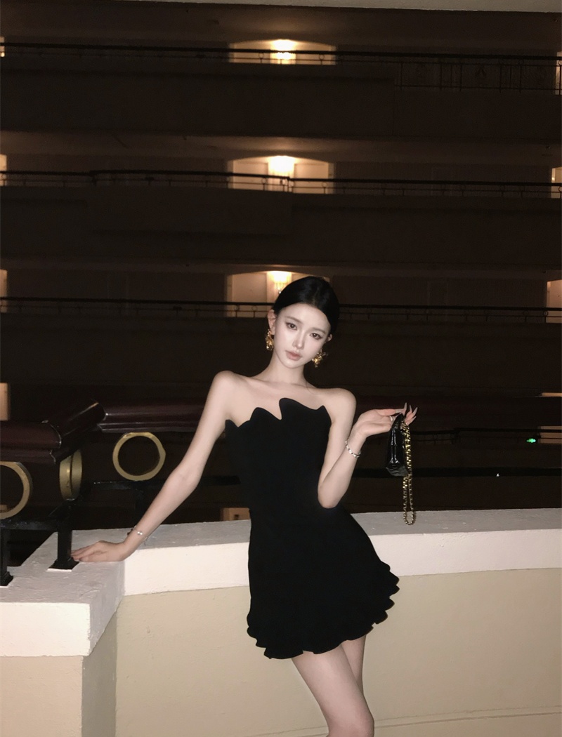 Irregular black dress banquet France style T-back