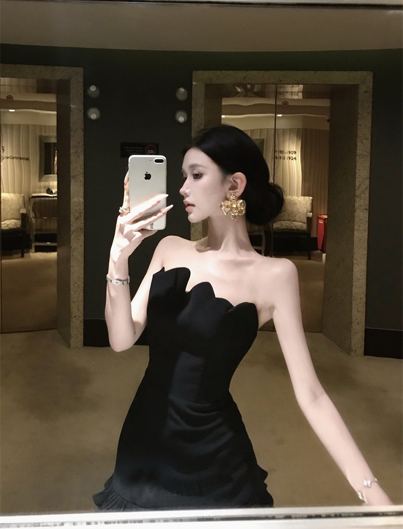 Irregular black dress banquet France style T-back