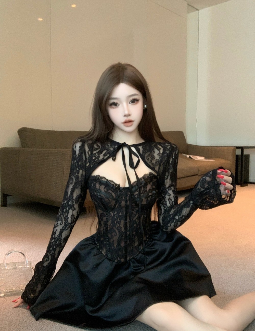 Lace sling dress long sleeve shawl 2pcs set