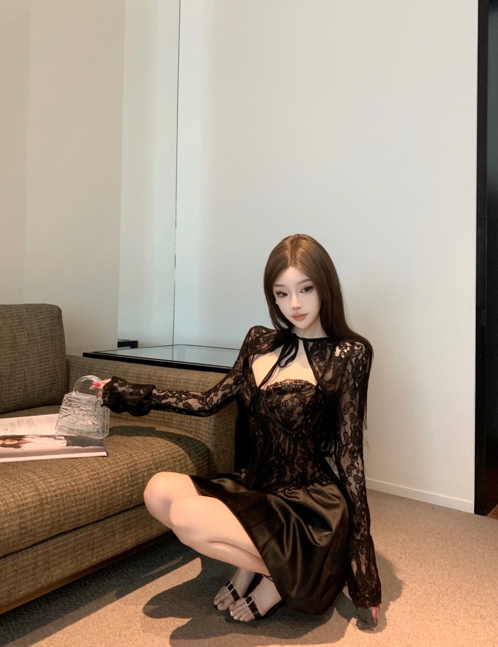 Lace sling dress long sleeve shawl 2pcs set