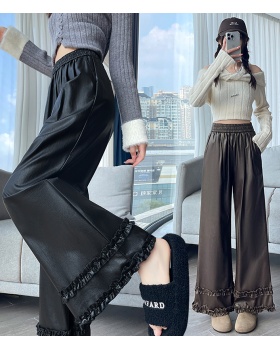 Wide leg slim pants all-match lace leather pants for women