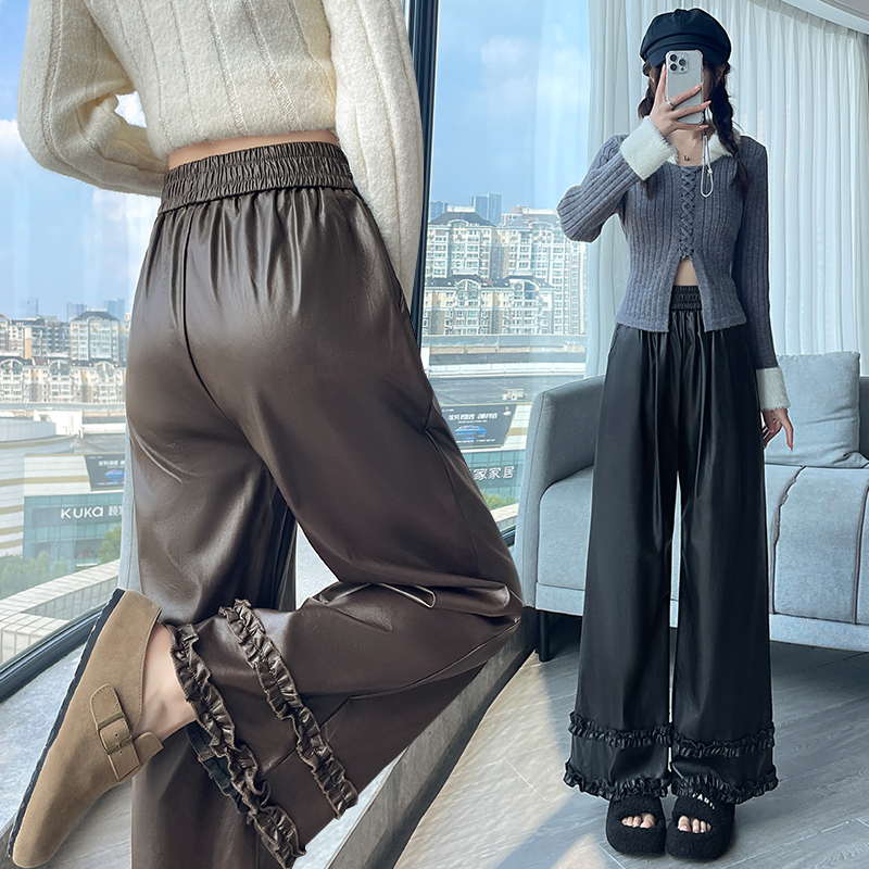 Wide leg slim pants all-match lace leather pants for women