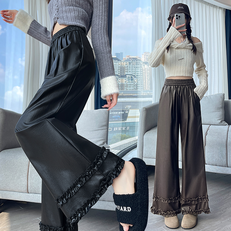 Wide leg slim pants all-match lace leather pants for women
