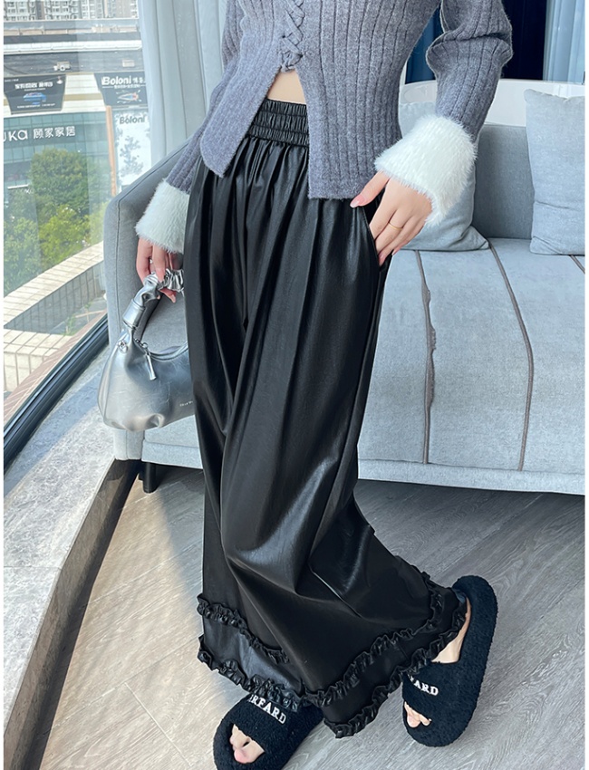 Wide leg slim pants all-match lace leather pants for women