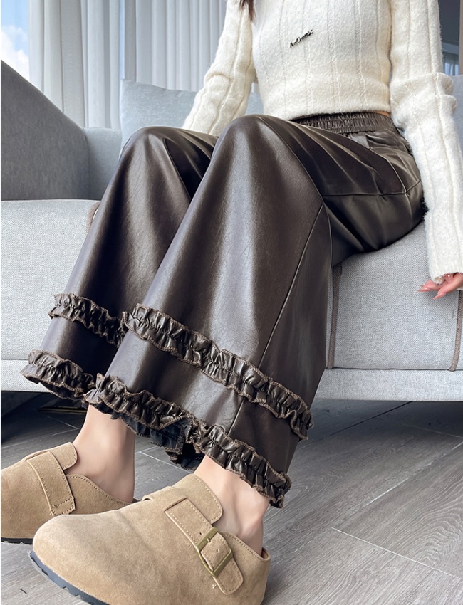 Wide leg slim pants all-match lace leather pants for women