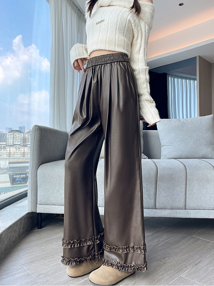 Wide leg slim pants all-match lace leather pants for women