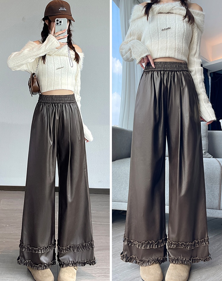 Wide leg slim pants all-match lace leather pants for women