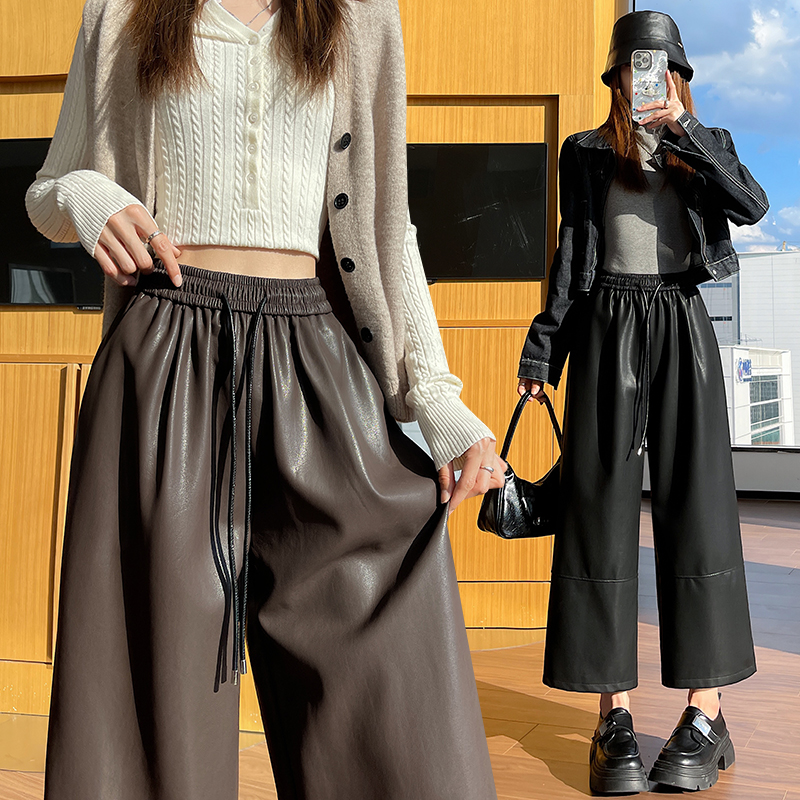All-match wide leg pants slim leather pants for women