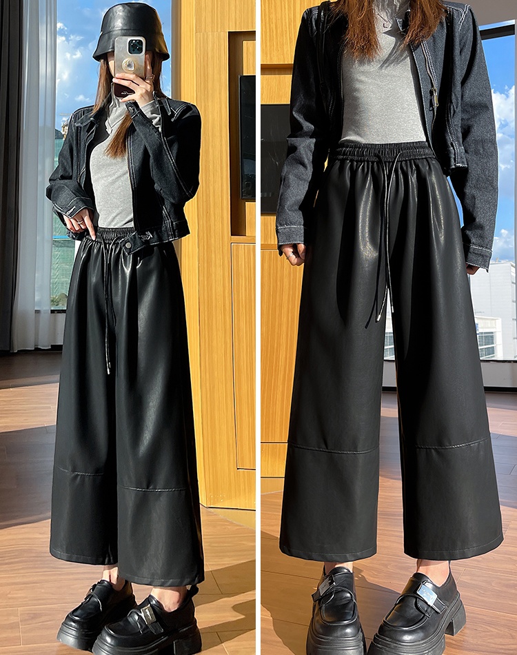 All-match wide leg pants slim leather pants for women