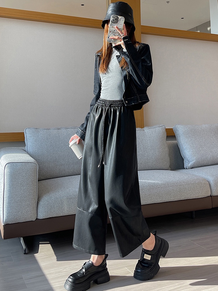 All-match wide leg pants slim leather pants for women