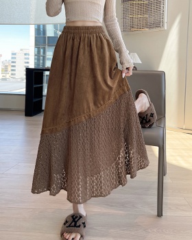 Leather cashmere splice skirt slim long dress for women